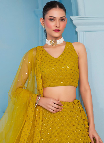 Georgette Thread Embroidery Work Haldi Special Yellow Lehenga Choli